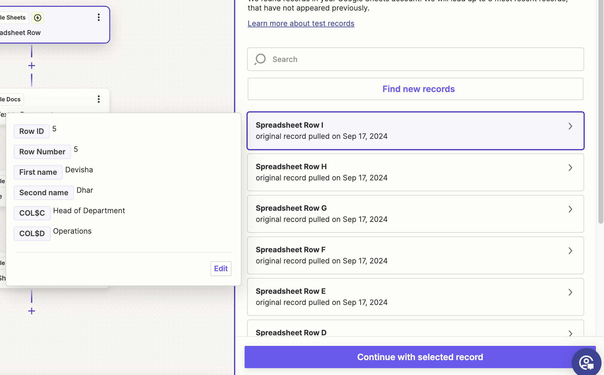 Screenshot of the Zapier editor showing the test stage of a Zap trigger. The image has a list of Spreadsheet Rows that the Zap trigger found when tested. One of the records is highlighted and a small window next to it shows the information from that row. 