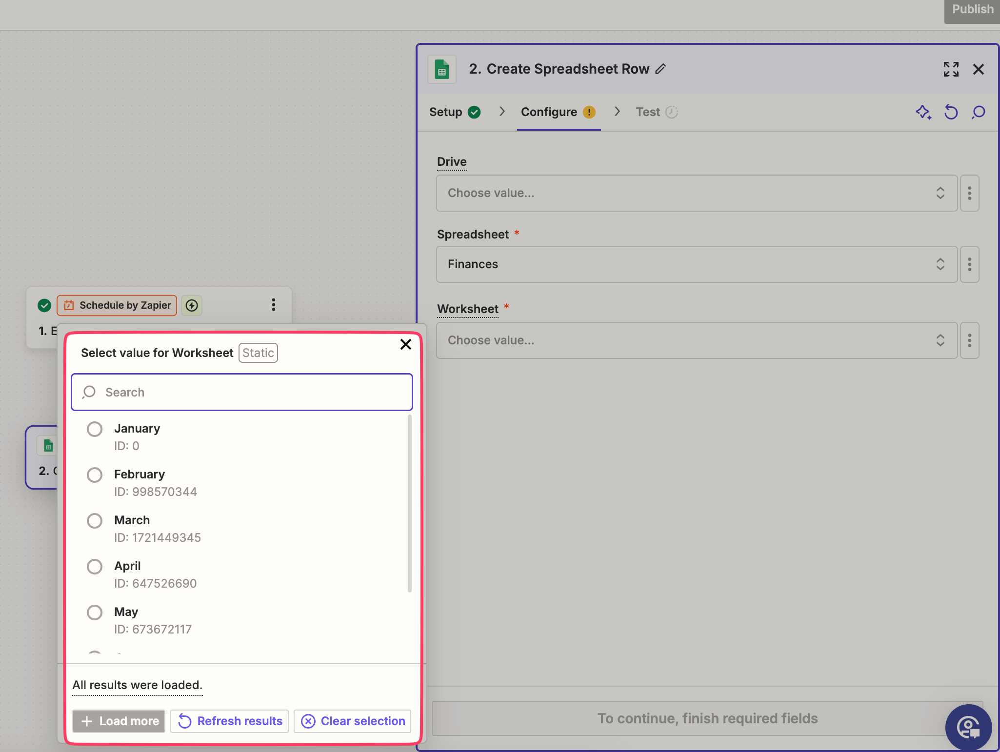 Screenshot of the Zapier editor. The image shows a Google Sheets 'Create Spreadsheet Row' action. There is a window in the image showing a list of the worksheets in the selected Spreadsheet. The list has a radial selection button on the left for users to choose the sheet they want to work with. The list of sheets shows the name of the sheets (the months of the year), underneath each sheet name is a numerical ID for the sheet in a lighter, thinner font. 