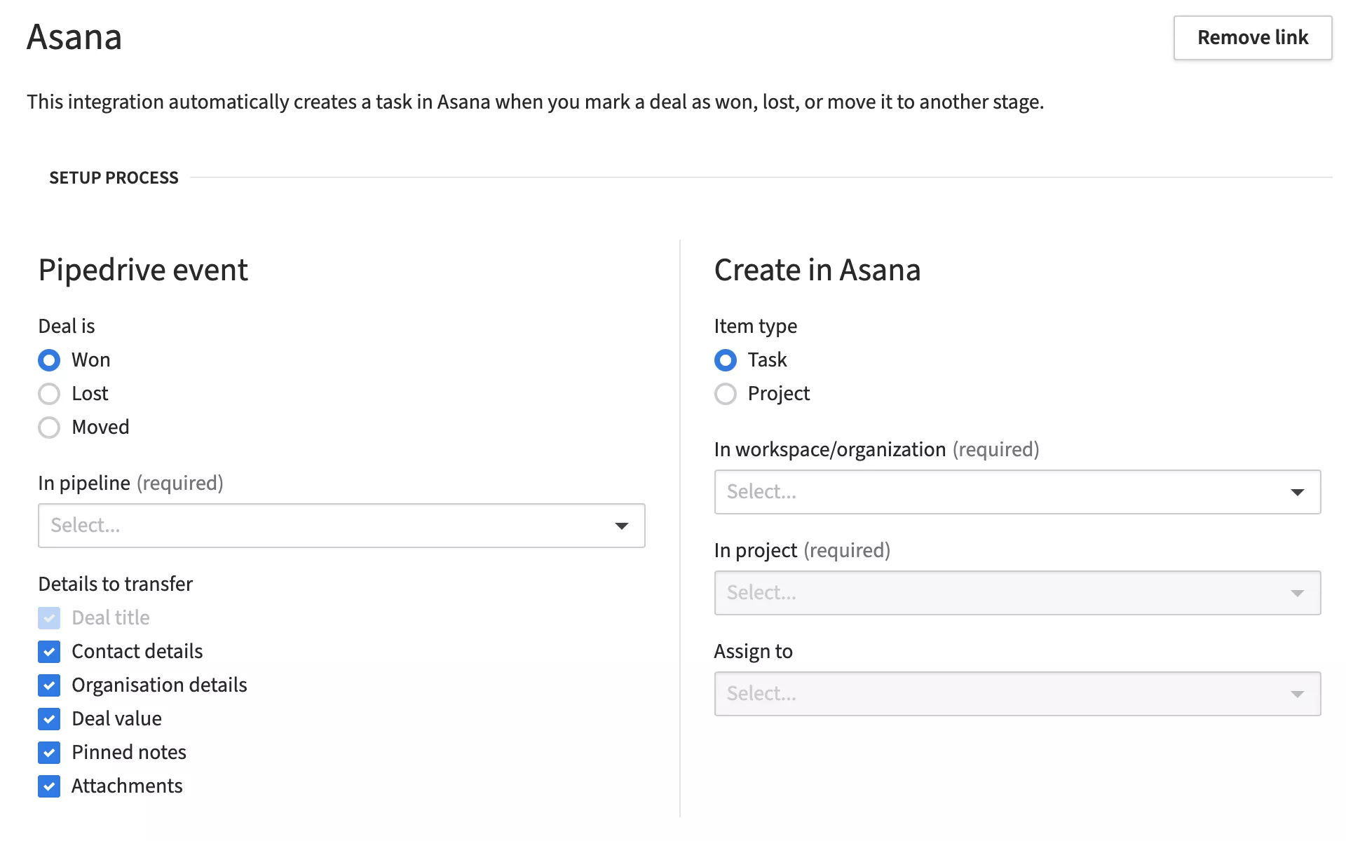 A screenshot of the setting for the Asana integration in Pipedrive
