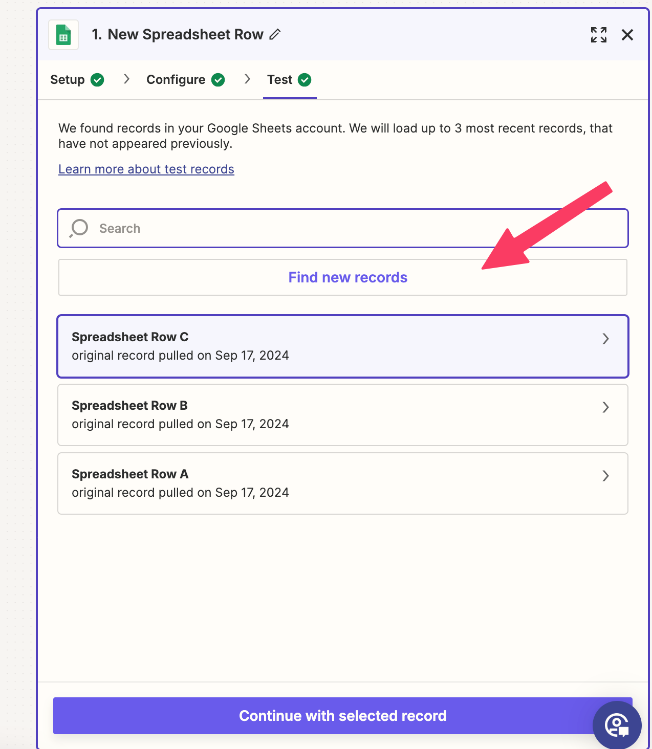 Screenshot of the Zapier editor showing the Test stage of a Zap trigger. There is an arrow pointing to a white button with blue writing, the button is labelled "Find new records".