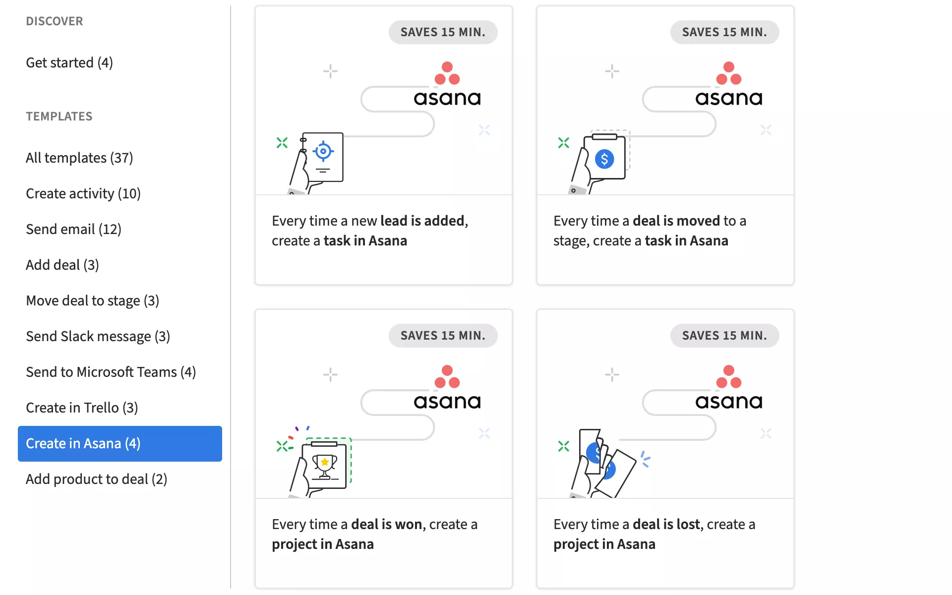 A screenshot of automated workflow templates in Pipedrive. The image shows 4 Asana workflow templates, including one that will create a new task in Asana every time a new lead is added in Pipedrive.